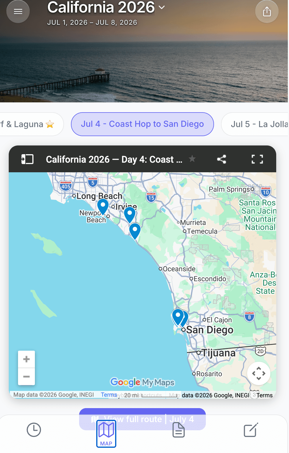 Buscango trip app showing a full route map for a California road trip