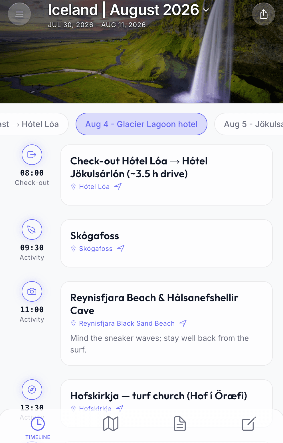 Buscango trip app showing an Iceland itinerary day with timed activities and a local tip