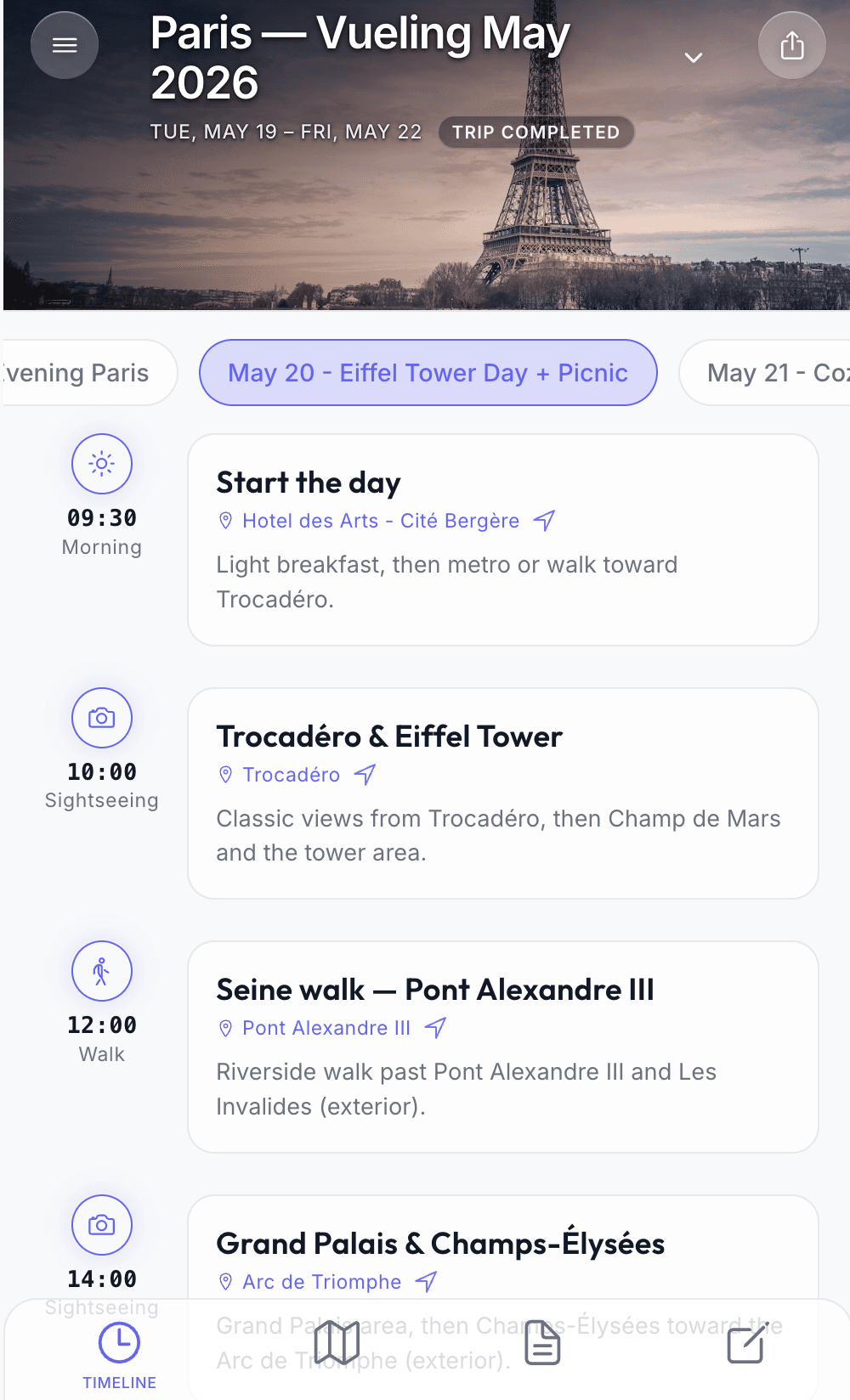 Buscango trip app showing a Paris itinerary day with sightseeing and walking activities